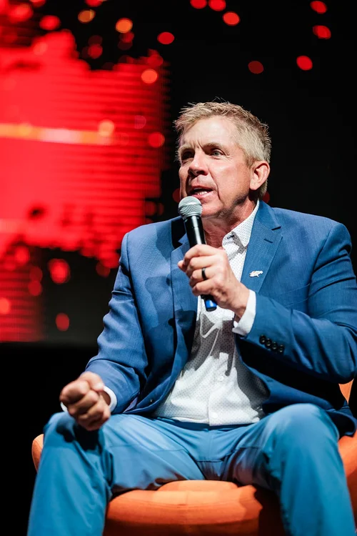 Sean Payton speaking during panel discussion at Denver Broncos Honors Awards Mission Ballroom Colorado