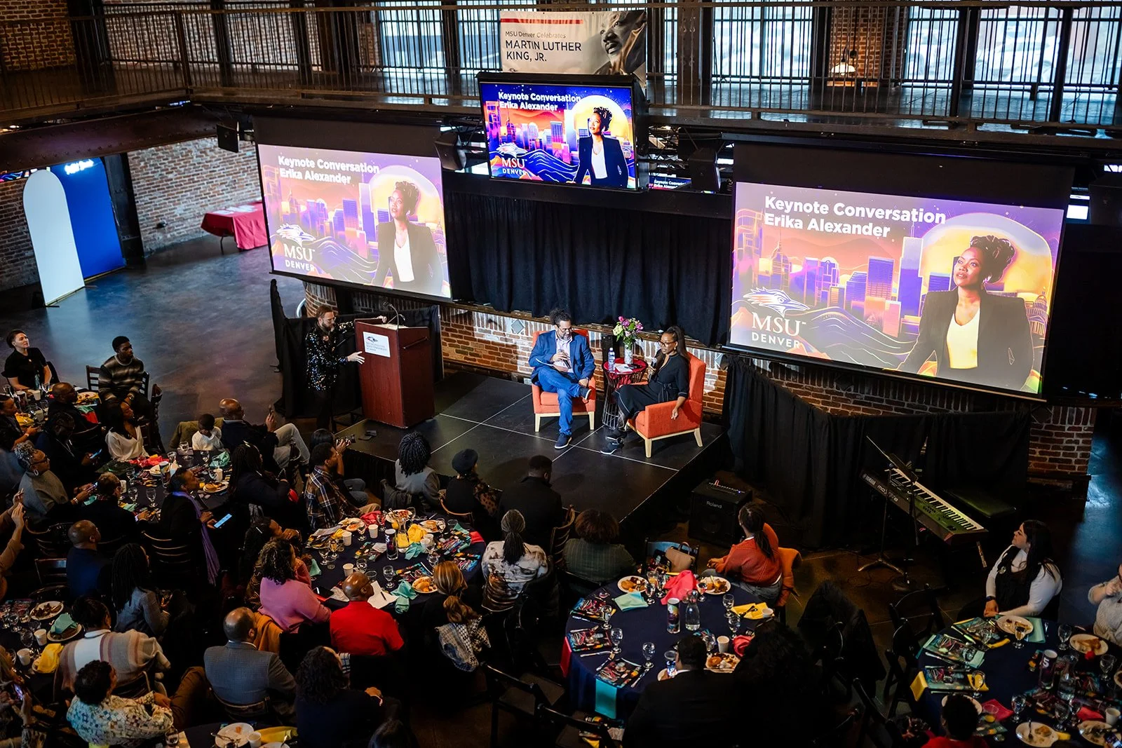 Overhead view of Erika Alexander keynote conversation on stage at MSU Denver MLK Peace Breakfast Mile High Station